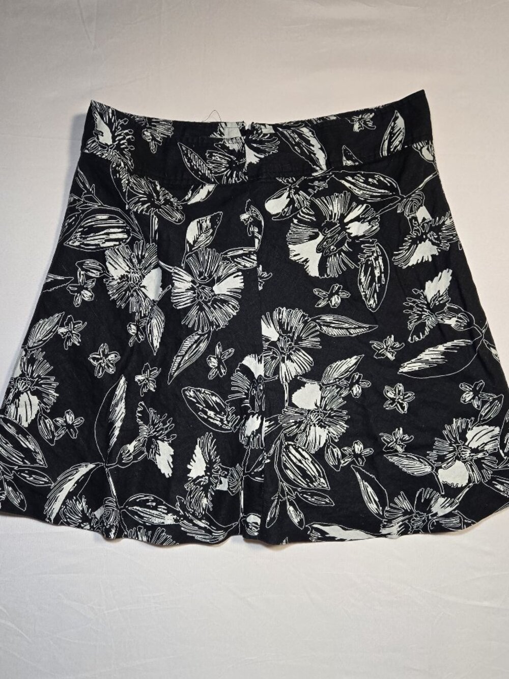 Merona Black White Floral 100% Linen A Line Skirt Women Size 12 Lined Summer Zip
